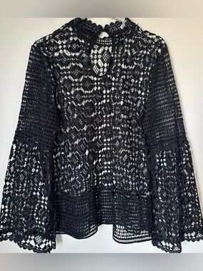 Black Crochet Lace Bell-Sleeve Blouse